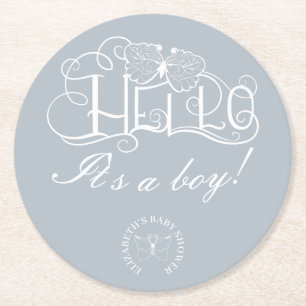 hallo decoratief baby shower stoffig blauw ronde kartonnen onderzetter
