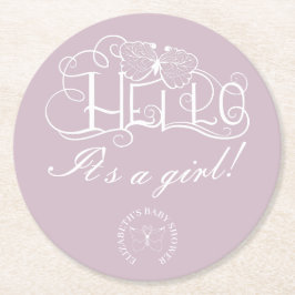 Hallo decoratief schrift baby shower stoffig blauw ronde kartonnen onderzetter