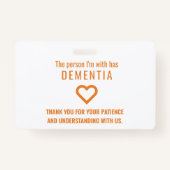 Hallo dementie en alzheimers geduld hand uit kaart badge (Achterkant)
