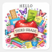 Hallo Derde Klas Retro Appel Vierkante Sticker (Voorkant)
