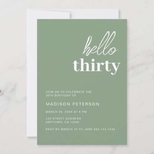 Hallo Dertig moderne Sage Green verjaardagsfeestje Kaart (Voorkant)