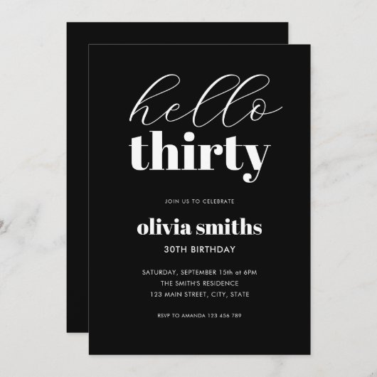 Hallo Dertig moderne zwart-wit 30e verjaardag Kaart (Voorkant / Achterkant)