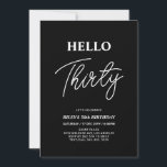 Hallo Dertig | Moderne Zwarte 30e Verjaardagsfeest Kaart<br><div class="desc">Nodig uw gasten uit met deze stijlvolle uitnodiging voor je 30e verjaardag. Dit ontwerp heeft een modern script "Hallo Dertig" in zwart-wit kleuren thema. U kunt alle tekst aanpassen. Bijpassende feestartikelen zijn beschikbaar in mijn winkel BaraBomDesign.</div>