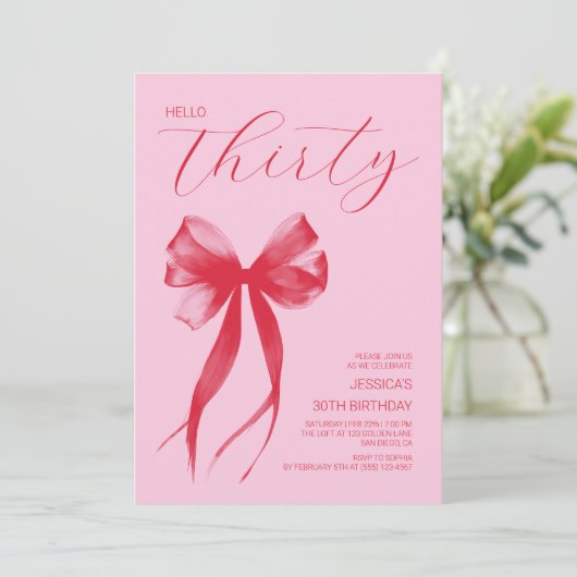 Hallo Dertig Roze Moderne Boog 30ste Verjaardagsfe Kaart (Staand voorkant)