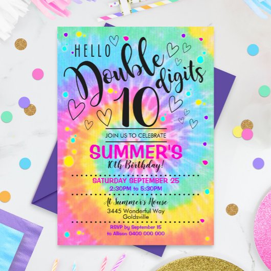 Hallo Double Digits Feest Uitnodiging Tie Dye 10e