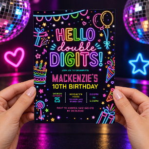 Hallo Dubbele Cijfers: Neon Glow 10e Verjaardag Kaart