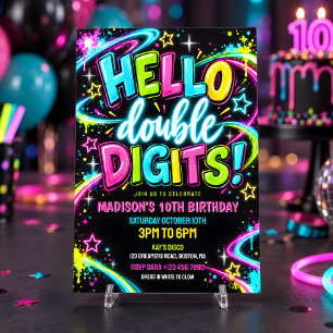 Hallo Dubbele Cijfers Neon Glow 10e Verjaardag Kaart