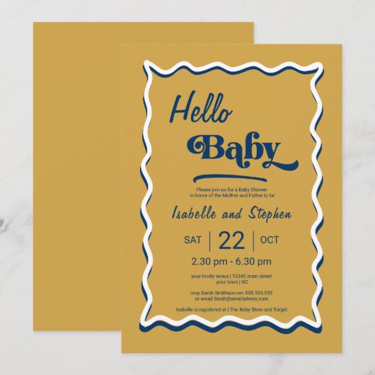Hallo Dusty Yellow & Blue Modern Baby shower Kaart (Voorkant / Achterkant)