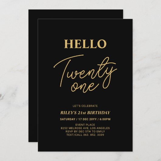 Hallo Eenentwintig Goud & Zwart 21ste Verjaardagsf Kaart (Voorkant / Achterkant)