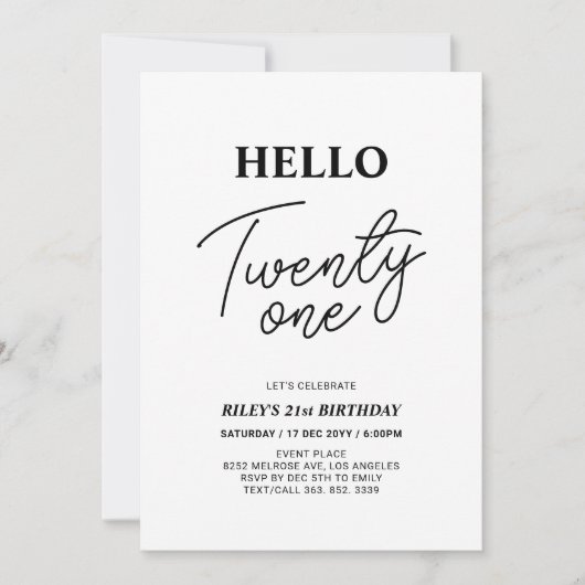 Hallo Eenentwintig Zwart & Wit 21ste Verjaardagsfe Kaart (Voorkant)