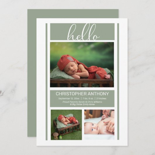 hallo Eenvoudig minimalistische Sage Green Baby Bo Aankondiging (Voorkant / Achterkant)