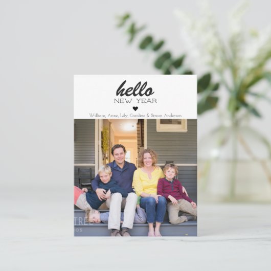 Hallo Eenvoudig Modern - Happy New Year Heart Foto Briefkaart (Staand voorkant)