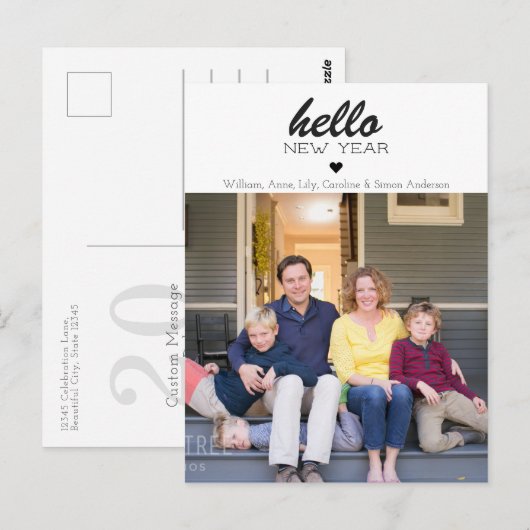 Hallo Eenvoudig Modern - Happy New Year Heart Foto Briefkaart (Voorkant / Achterkant)