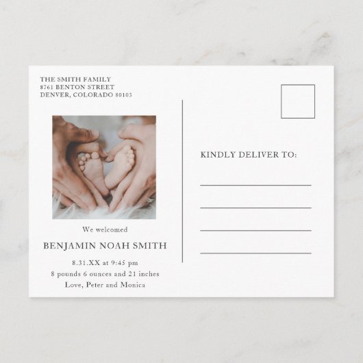 hallo Eenvoudige Baby Foto Modern Birth Aankondigingskaart (Achterkant)