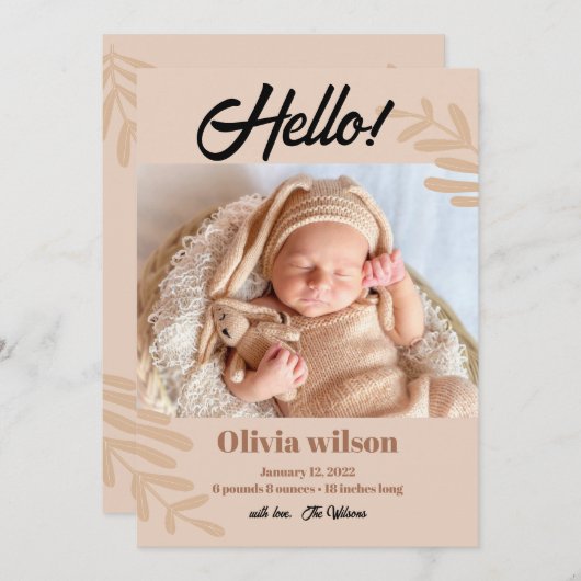 hallo Eenvoudige geboorteaankondiging Aankondiging (Voorkant / Achterkant)