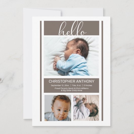 hallo eenvoudige minimalistische Greige Baby Boy B Aankondiging (Voorkant)