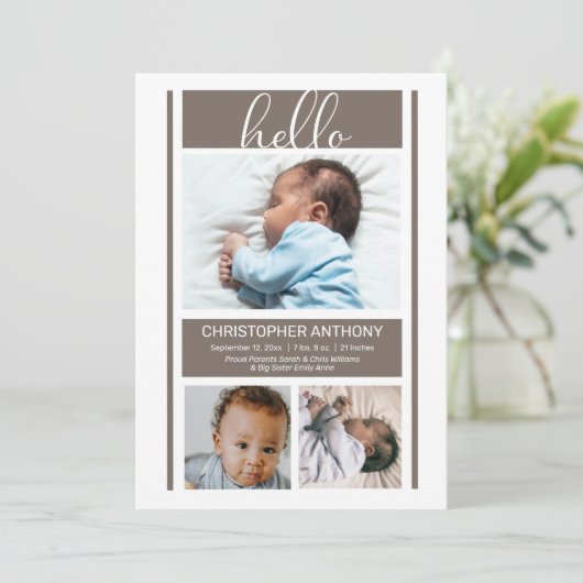 hallo eenvoudige minimalistische Greige Baby Boy B Aankondiging (Staand voorkant)