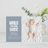 hallo, eenvoudige moderne, minimale fotogeboorte aankondiging (Staand voorkant)