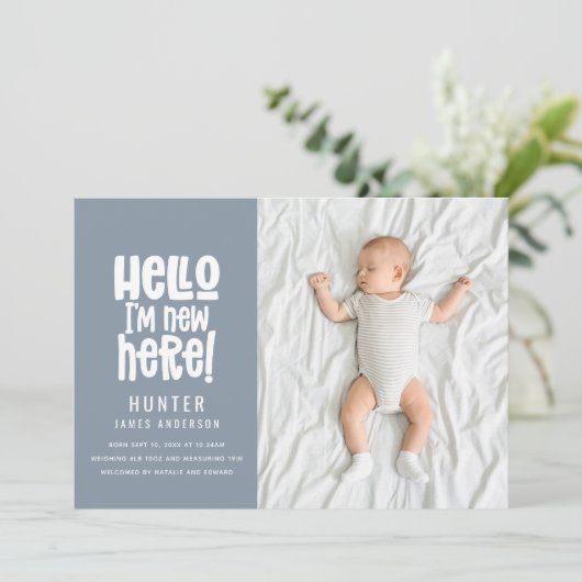 hallo, eenvoudige moderne, minimale fotogeboorte aankondiging (Staand voorkant)