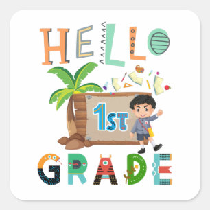 hallo eerste graad eerste dag van het schoolteam vierkante sticker
