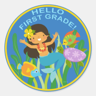 hallo eerste graad! Terug naar school Zeemeermin Ronde Sticker