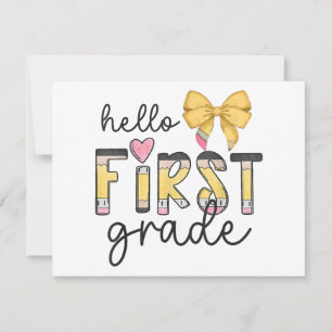 Hallo Eerste klas leraar Coquette Pencil Bow Back Feestdagenkaart
