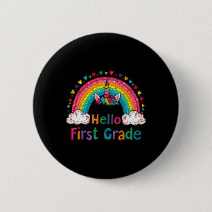 Hallo Eerste Klas Regenboog Schattige Eenhoorn Ler Ronde Button 5,7 Cm