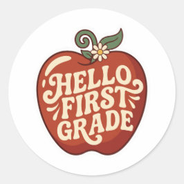 Hallo Eerste Klas Retro Appel Terug naar school Ronde Sticker