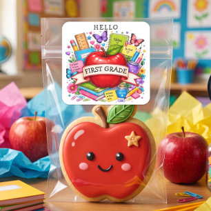 Hallo Eerste Klas Retro Appel Vierkante Sticker