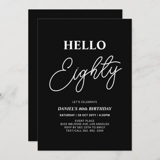 Hallo Eighty | Modern zwart 80ste verjaardagsfeest Kaart (Voorkant / Achterkant)
