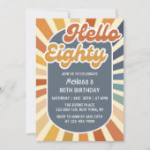 Hallo Eighty Retro Sun Groovy Wave 80e verjaardag Kaart (Voorkant)