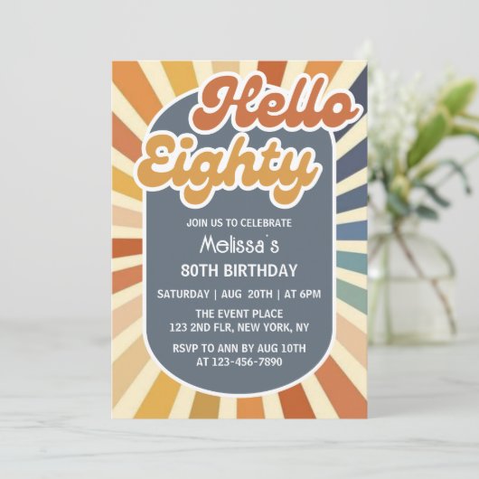 Hallo Eighty Retro Sun Groovy Wave 80e verjaardag Kaart (Staand voorkant)