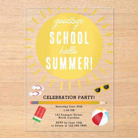 Hallo Einde van het schoolafscheid - Kinder zomerf Acryl Uitnodigingen (Voorkant)