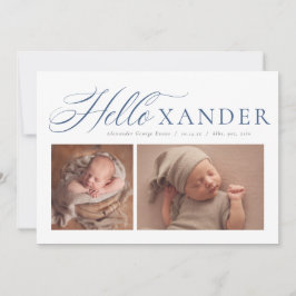 hallo elegant script twee foto blauw jongetje aankondiging