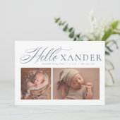 hallo elegant script twee foto blauw jongetje aankondiging (Staand voorkant)