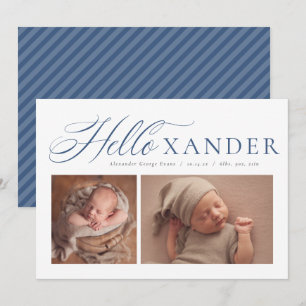 Hallo elegante script twee foto marineblauwe jonge aankondiging