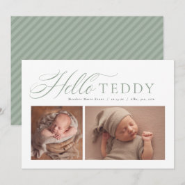 Hallo elegante script twee foto salie groene geboo aankondiging