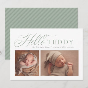 Hallo elegante script twee foto salie groene geboo aankondiging