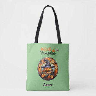 Hallo enge Halloween pompoen Tote Bag