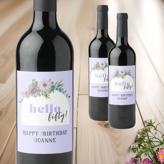 Hallo Fifty - Aangepaste delicate bloemen lavendel Wijn Etiket