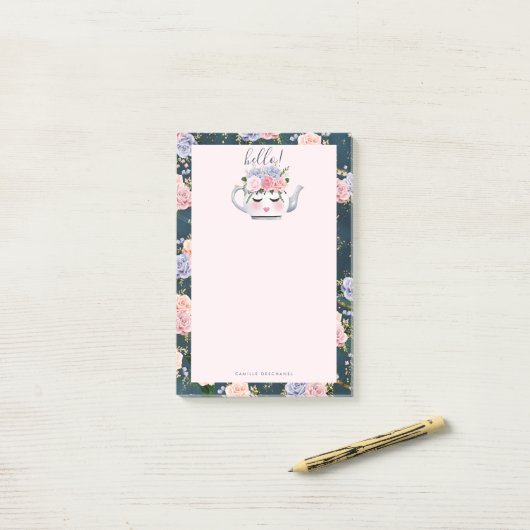 hallo Floral Eyelashes Teapot Pattern Personalized Post-it® Notes (Op bureau)