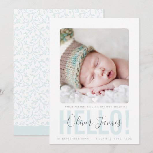 HALLO FOTO GEBOORTEAANKONDIGING bleke blue baby bo Aankondiging (Voorkant / Achterkant)