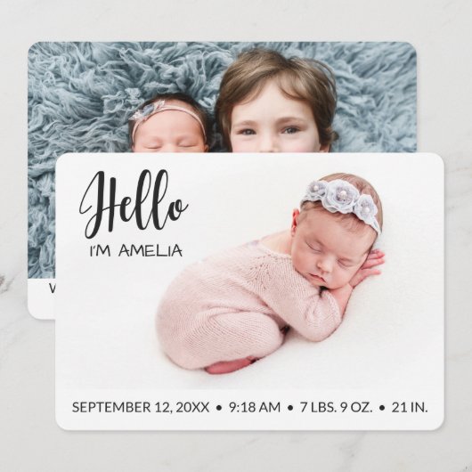 hallo foto van baby girl modern minimalistisch aankondiging (Voorkant / Achterkant)