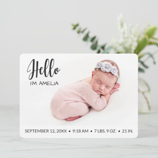 hallo foto van baby girl modern minimalistisch aankondiging (Staand voorkant)