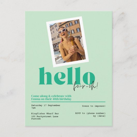 hallo ", four-oh!" 40e verjaardag groene Uitnodigi Briefkaart (Voorkant)