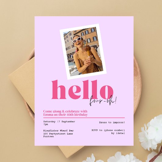 hallo ", four-oh!" 40e verjaardag paarse uitnodigi briefkaart