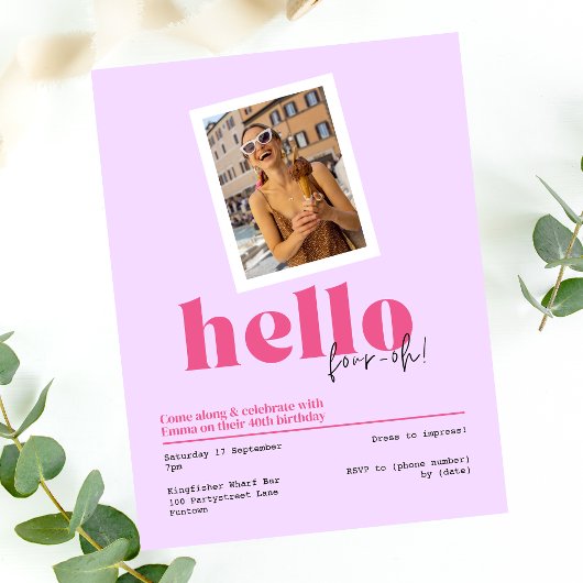 hallo ", four-oh!" 40e verjaardag paarse uitnodigi kaart