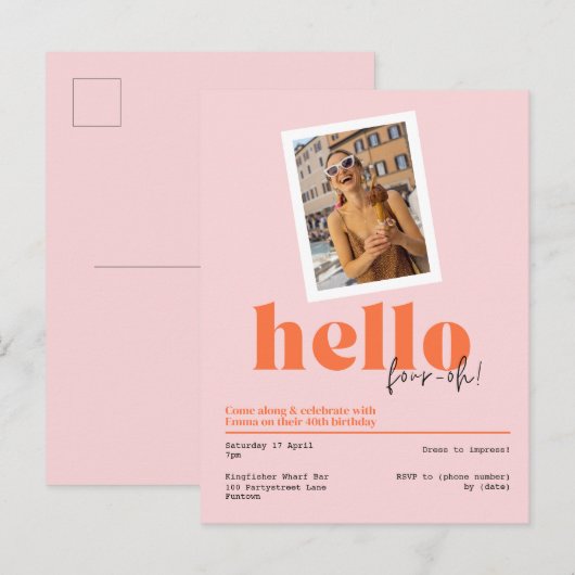 hallo ", four-oh!" 40e verjaardag retro Uitnodigin Briefkaart (Voorkant / Achterkant)