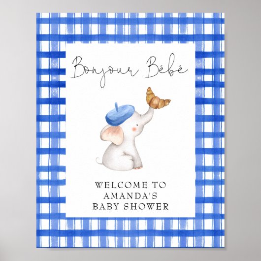 Hallo Franse Gingham Blauwe Welkom Baby Shower Poster (Voorkant)