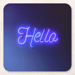 hallo Fun Neon Blue Sign Bright en Cheeful Kartonnen Onderzetters